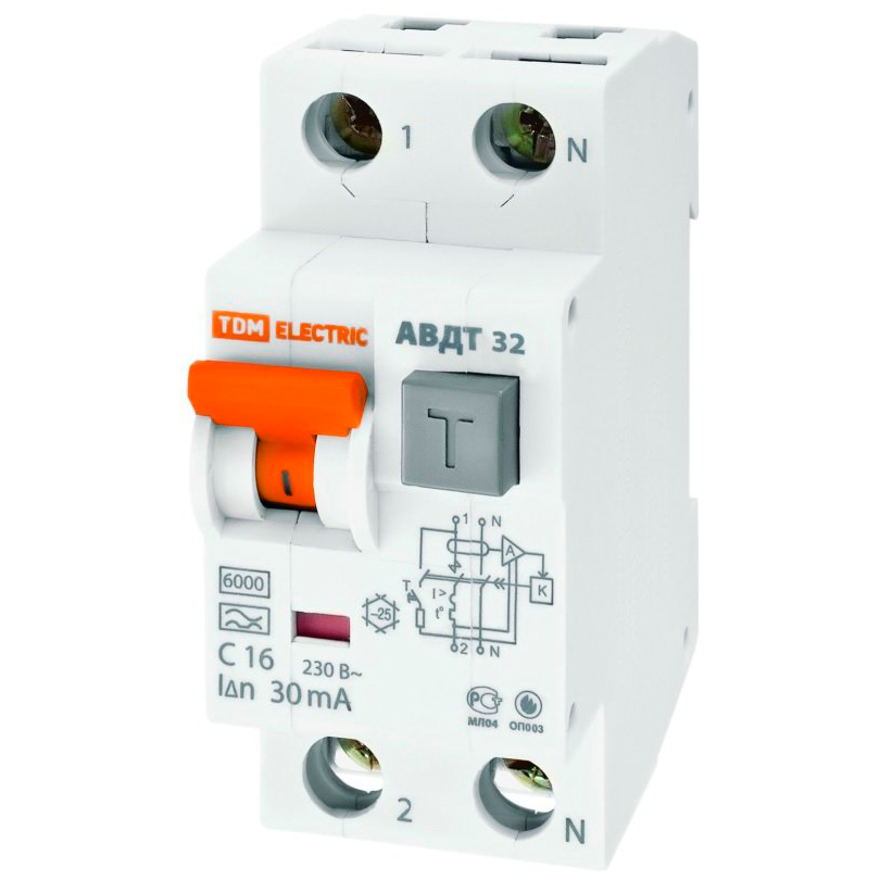 Автоматический выключатель дифференциального тока 2Р 16A 30mА 6kА (тип А) АВДТ32 TDM 